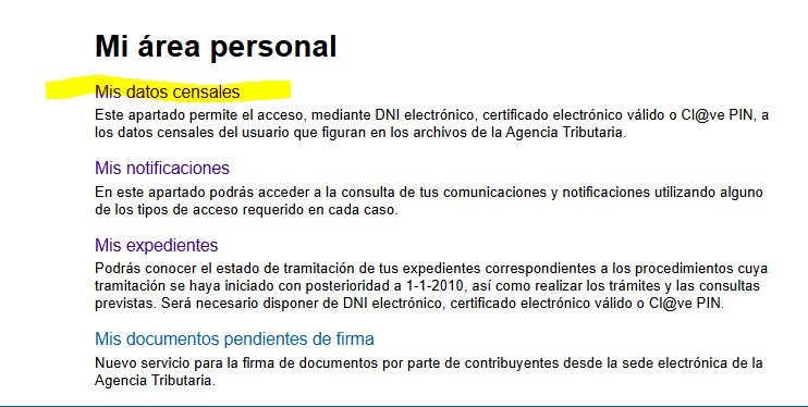 Menú del Área personal para las obligaciones tributarias