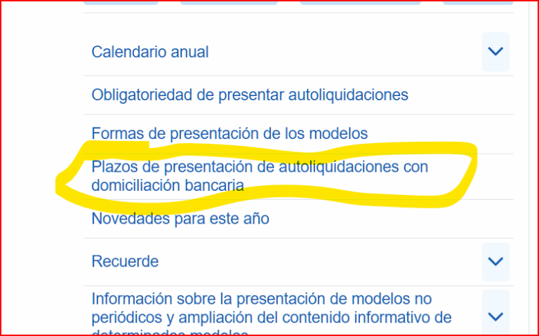 Menú opciones cambio cuenta domiciliación